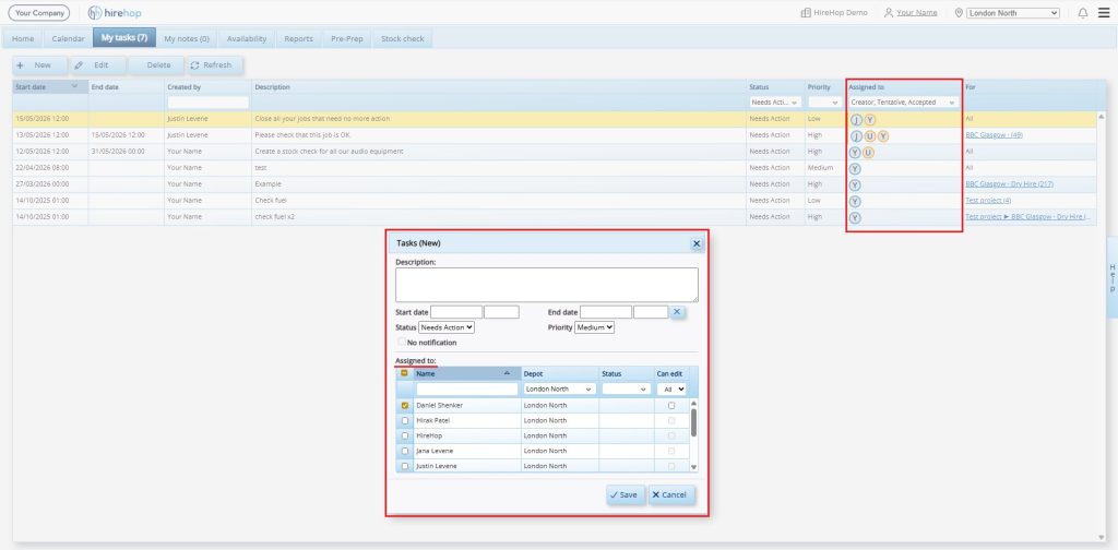 This image depicts a screenshot of HireHop Equipment Rental Software's new feature: collaborative tasks.