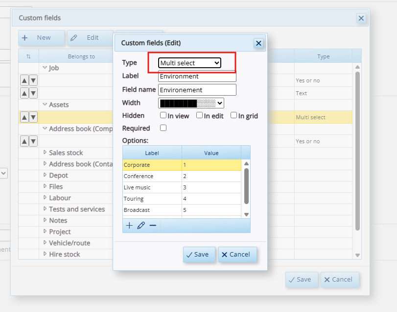 This image depicts a screenshot of HireHop Equipment Rental Software's new feature: custom field multiselect.