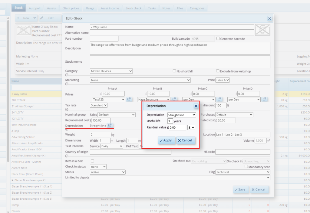This image depicts a screenshot of HireHop Equipment Rental Software's new feature: advanced depreciation.