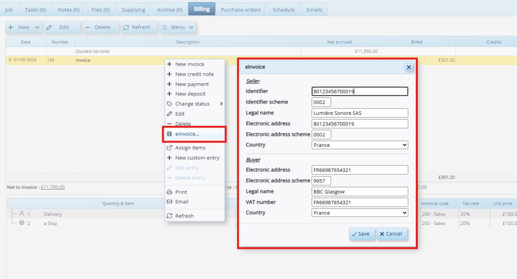 This image depicts a screenshot of HireHop Equipment Rental Software's new feature: eInvoices.