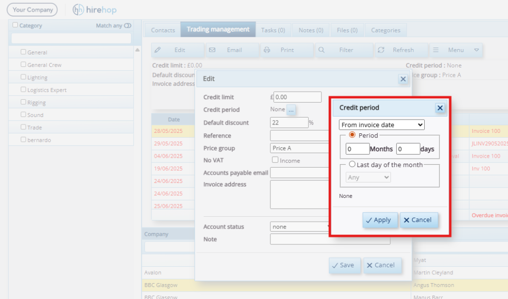 This image depicts a screenshot of HireHop Equipment Rental Software's new feature: enhanced credit periods.