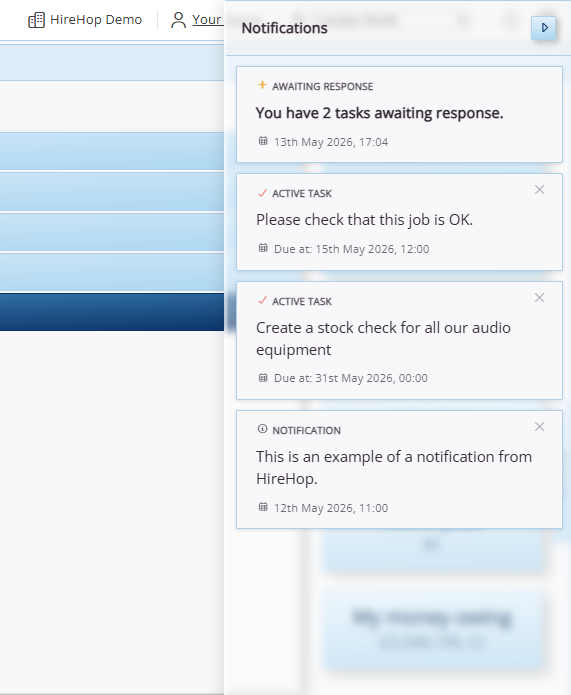 This image depicts a screenshot of HireHop Equipment Rental Software's new feature: a smart notifications bar.