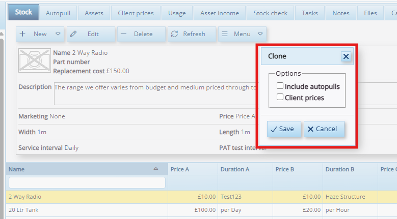This image depicts a screenshot of HireHop Equipment Rental Software's new feature: product cloning.