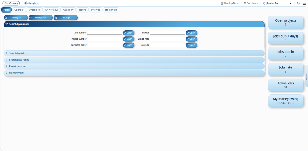 This image depicts a screenshot of HireHop Equipment Rental Software's new "Round" visual theme.