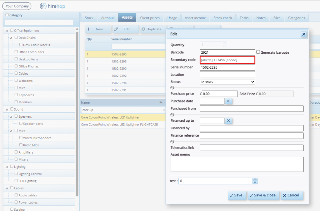 This image depicts a screenshot of HireHop Equipment Rental Software's new feature: a secondary RFID field in Assets Management.