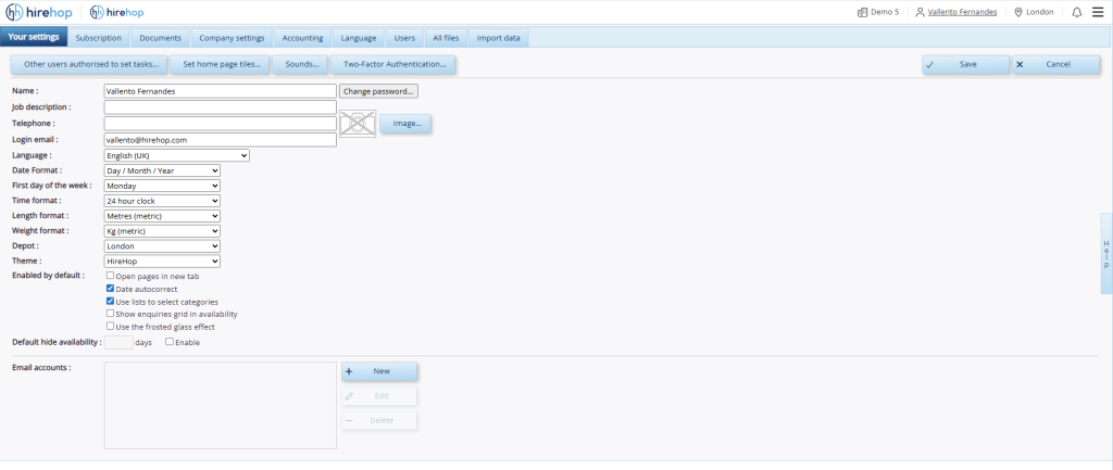This screenshot shows where HireHop users can locate the two-factor authentication setting in their settings.