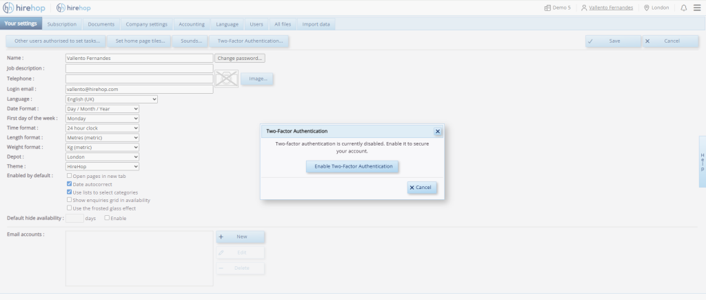 This screenshot shows where HireHop users should click to open the security modal allowing them to enable two-factor authentication in their account.