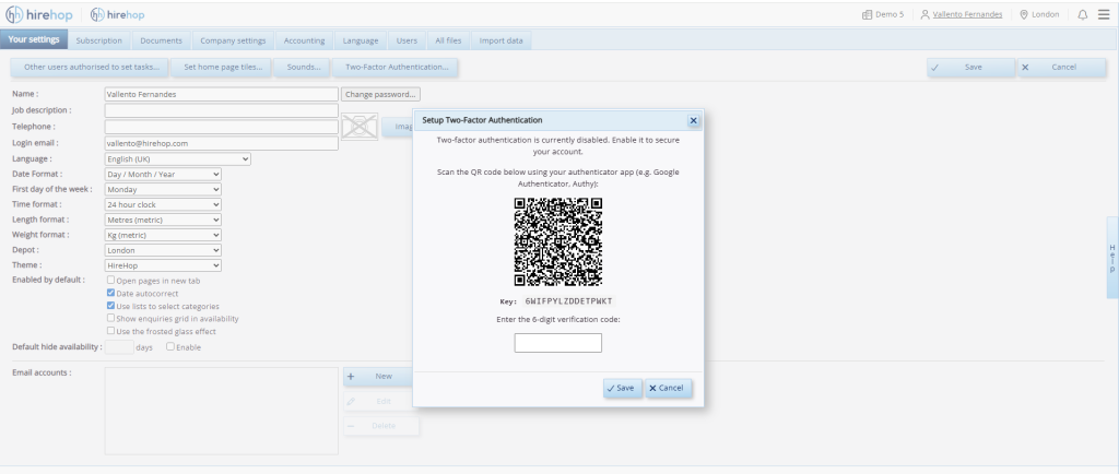 This screenshot shows the two-factor authentication security modal in action, and features a scannable QR code enabling users to set up 2FA.