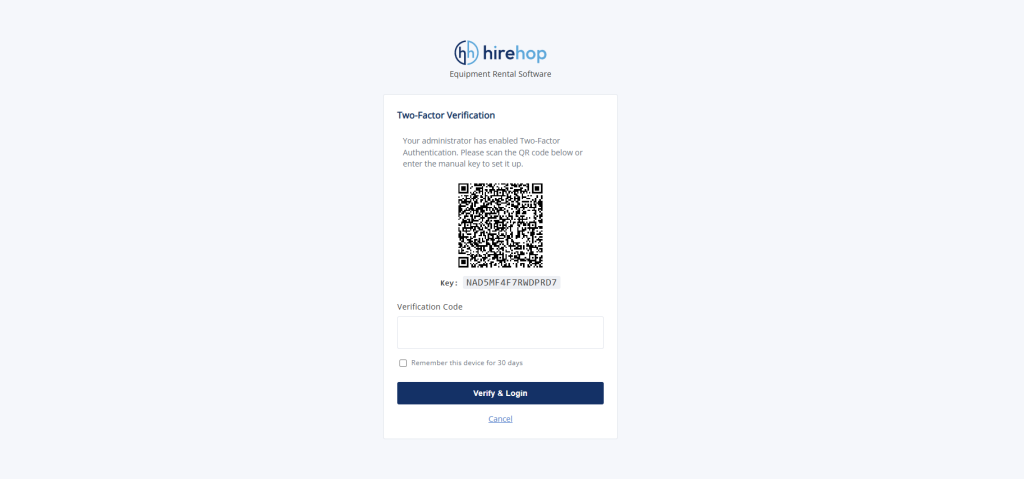 This screenshot shows the mandatory setup prompt that appears on a user's next login after an Administrator enforces 2FA.