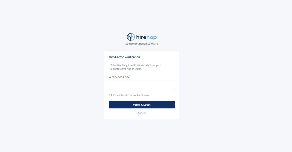 This screenshot shows the standard 6-digit verification prompt for all subsequent secure, two-factor authentication logins into HireHop.
