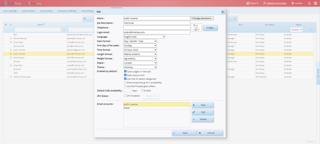This screenshot shows HireHop company administrative users how to force enforce two-factor authentication on a user's account.