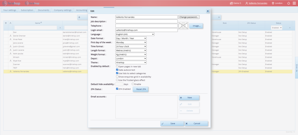 This screenshot shows HireHop company administrative users how to reset a locked user account, so they can reconfigure two-factor authentication and login again.