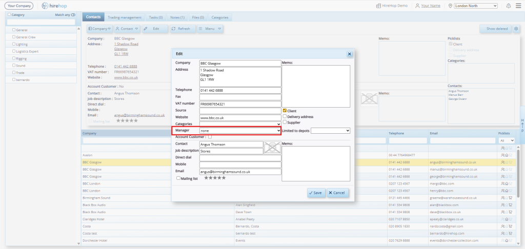 This screenshot shows how to assign a team member to a company profile as the account manager.