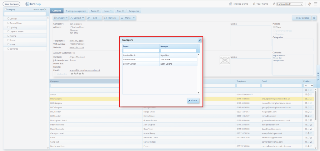 This screenshot shows an at-a-glance view of the assigned account managers across all of your different depots.