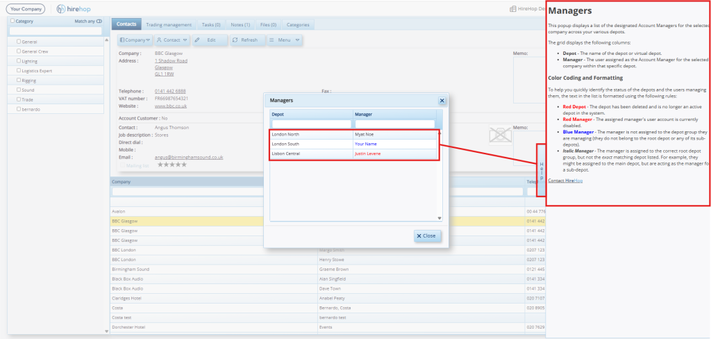 This screenshot explains the terminology of the different elements within the at-a-glance managers window.