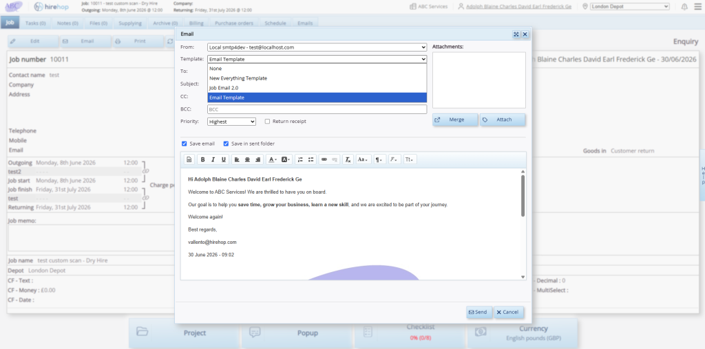 This screenshot shows a preview of the email you composed using your email template.