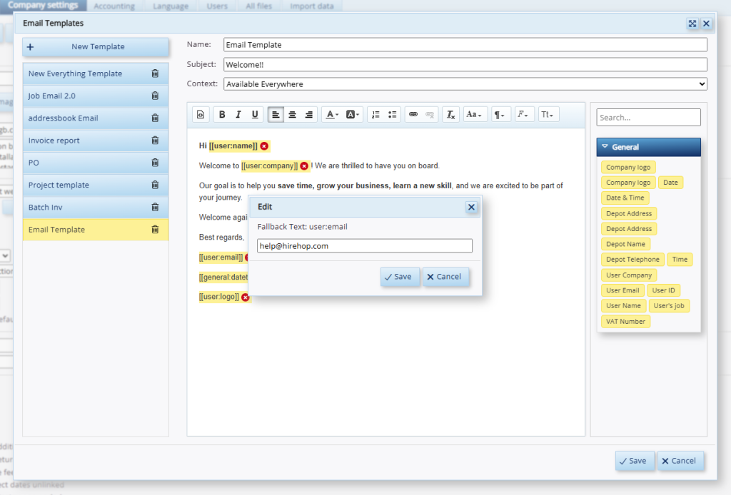 This screenshot shows how to compose an email using your new email template inside HireHop.
