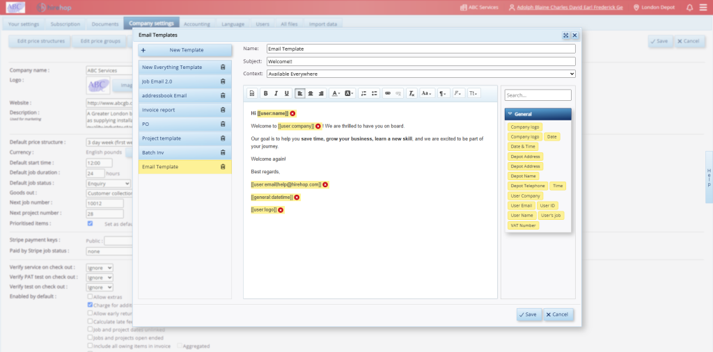 This screenshot shows how to set up an email template inside of HireHop.