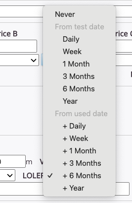 This image shows a drop down menu with the option to set intervals from the test date or from the used date.
