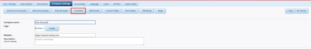 This screenshot depicts the HireHop Company Settings dashboard, with a Checklist button highlighted by a red box.