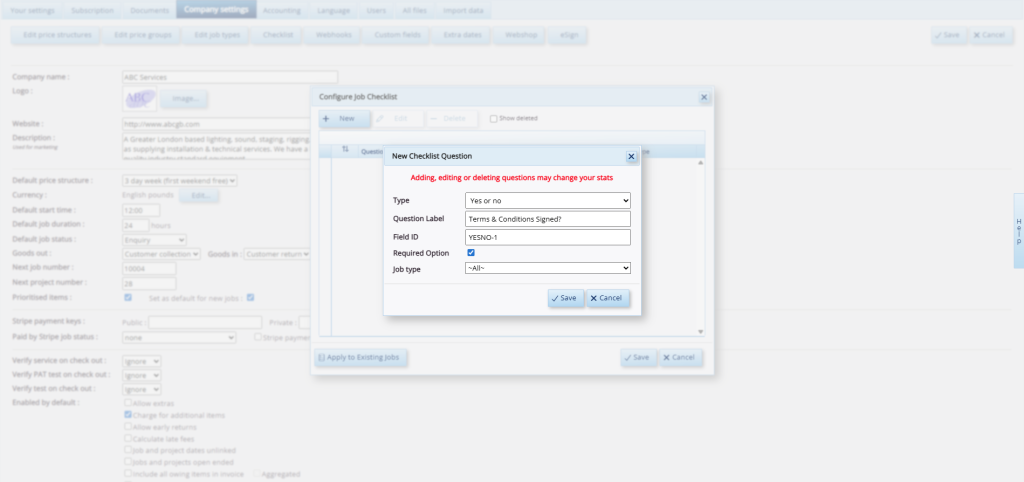 This screenshot shows a pop-up window within the HireHop dashboard, where you can create specific questions in your master job checklist. Here, the example shown is a Yes/No question, with the option to make the response a "Required Option".