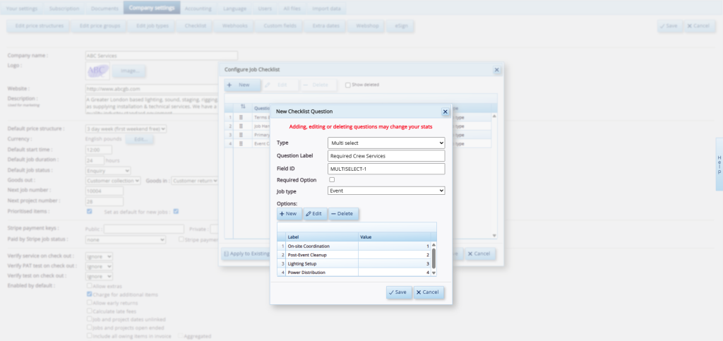 This screenshot shows a pop-up window within the HireHop dashboard, where you can create specific questions in your master job checklist. Here, the example shown is a multiple choice question.