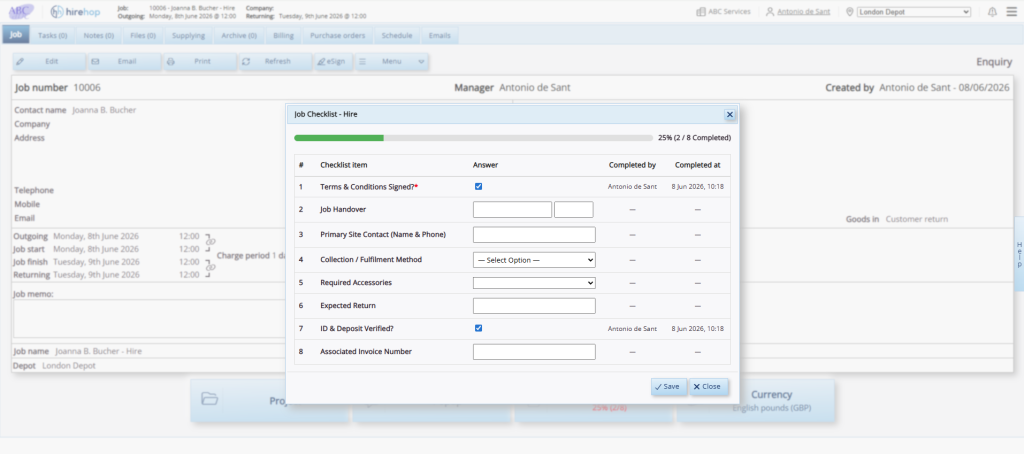This screenshot shows a pop-up window within the HireHop dashboard, where you can view the checklist module in each of our jobs. Here, the example shows the checklist for this specific job, with a progress bar at 25%.