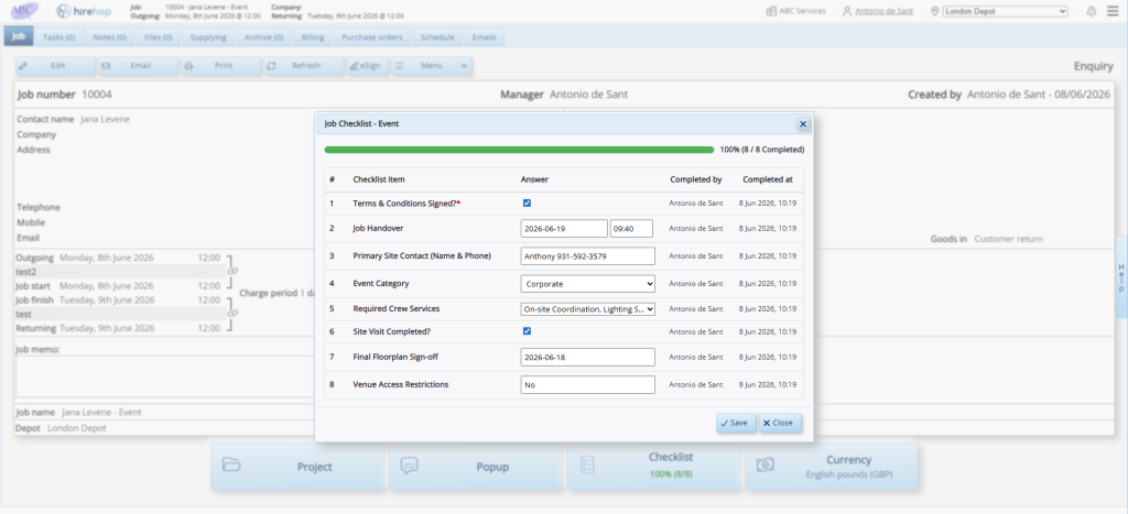 This screenshot shows a pop-up window within the HireHop dashboard, where you can view the checklist module in each of our jobs. Here, the example shows the checklist for this specific job, with a progress bar at 100%.