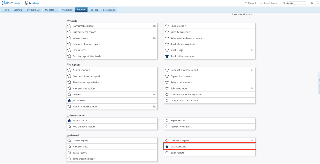 This screenshot shows where HireHop users can locate the Unclosed Jobs report in the account.