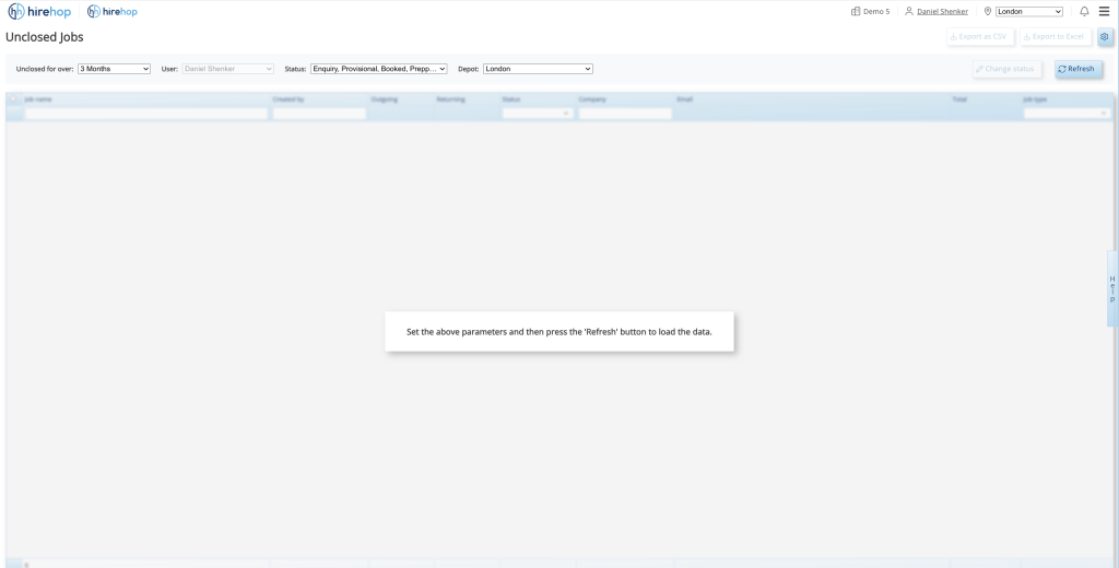 This screenshot shows where HireHop users how to filter their search parameters to find exactly what they are looking for while locating Unclosed Jobs.