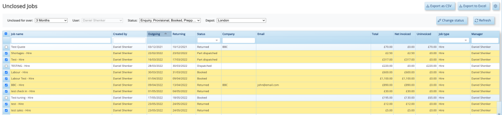 This screenshot shows HireHop users a clean list of all matching unclosed jobs.
