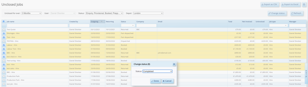 This screenshot shows HireHop users how to batch-update multiple historical jobs to "Closed".