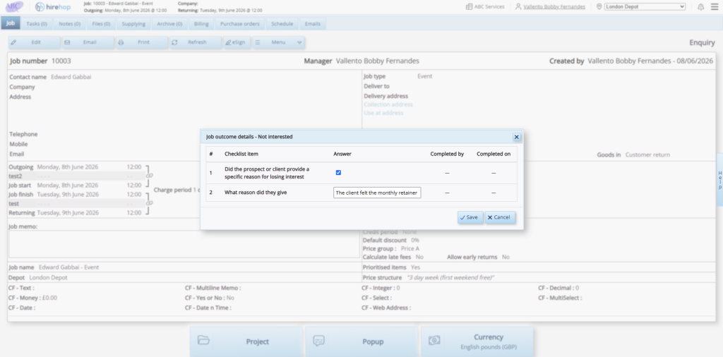 A popup form overlay on a HireHop job page prompting the user to complete checklist items for a Not Interested status update.