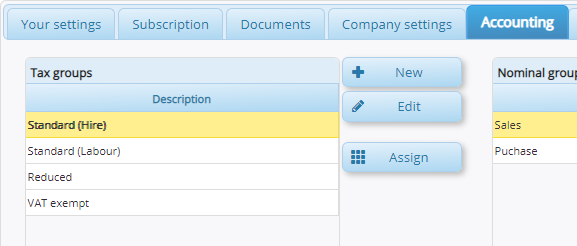 Configuring your tax groups to include two standard rates: one for your hire stock items, and one for your labour and staff components.