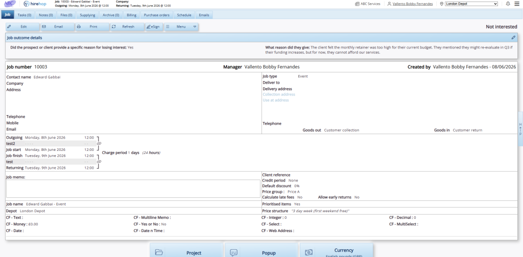 A completed HireHop job profile page displaying the dedicated Job Outcome Details banner anchored clearly at the top of the workspace.