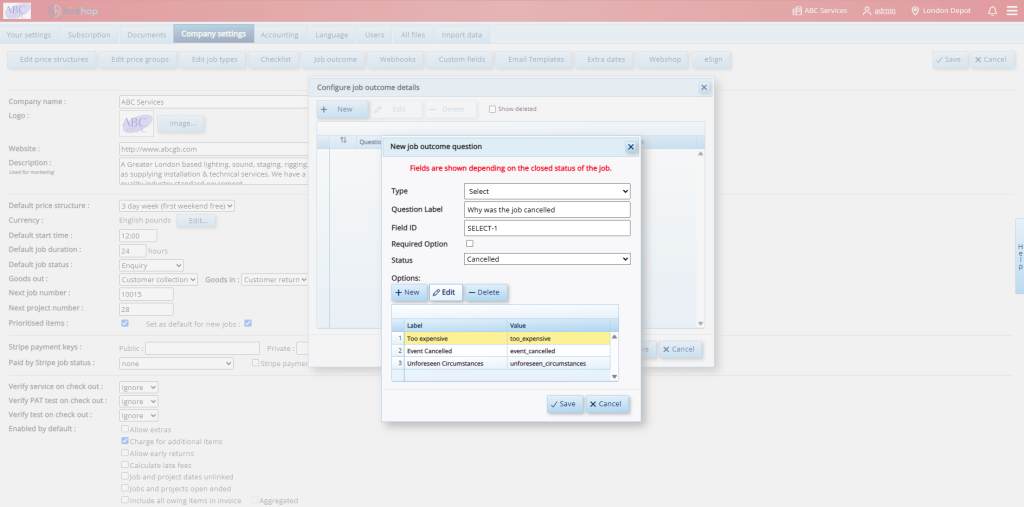 HireHop company settings dashboard showing the Job Outcome configuration window to add custom questionnaire fields.