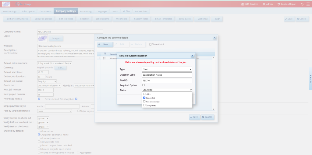 Configuring a dropdown select question menu in HireHop settings with custom cancellation reason labels like Too Expensive.