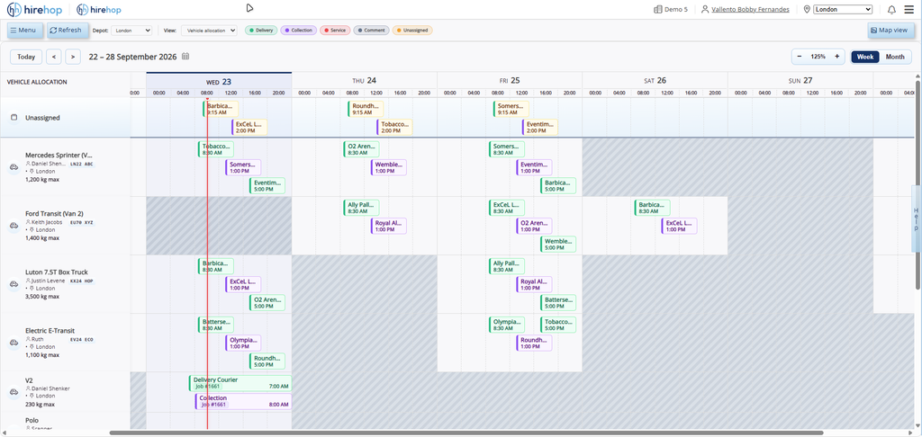 New route planner view: vehicle allocation mode, in weekly view