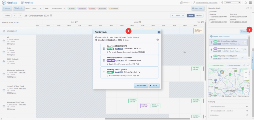 reorder delivery route with steps | Hirehop